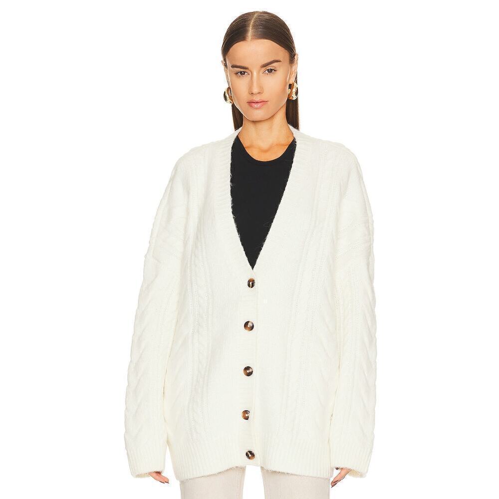 Helsa Serena Cable Knit Wool Blend Button Up Cardigan Sweater White Size Small